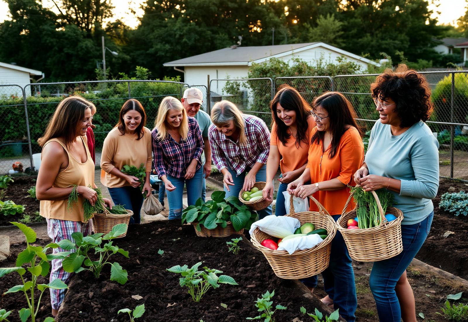 Neighbors harvesting vegetables together at golden hour