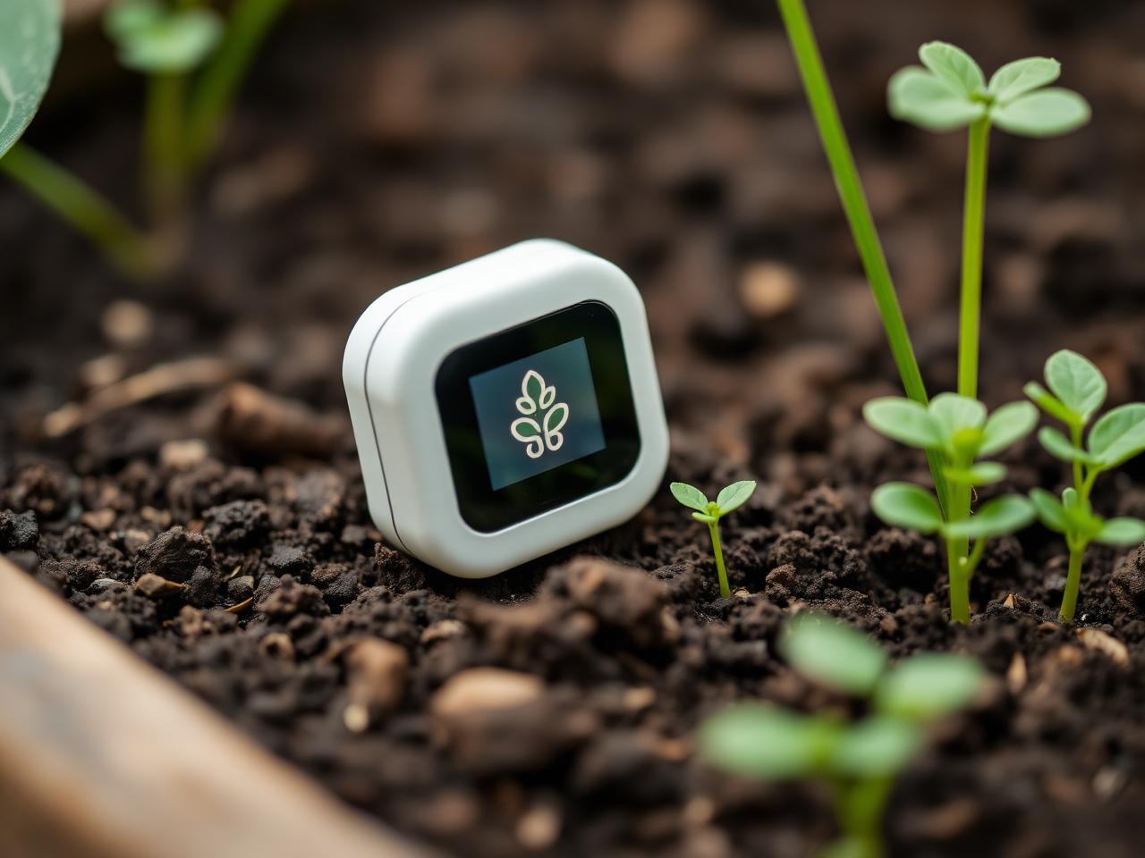 MiniRoots smart sensor sitting in soil next to seedlings