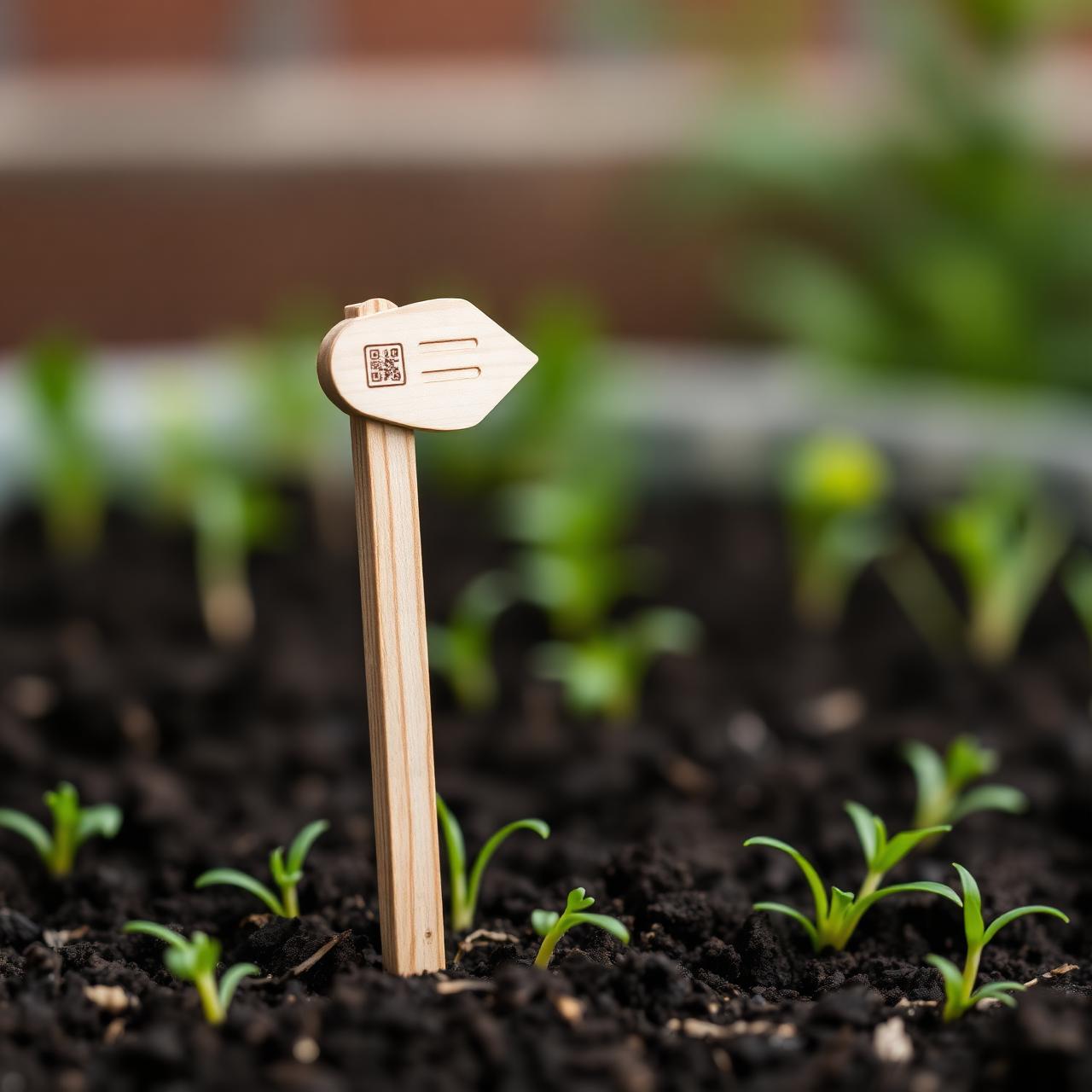 A handcrafted wooden MiniRoots stake with QR tag in fresh soil